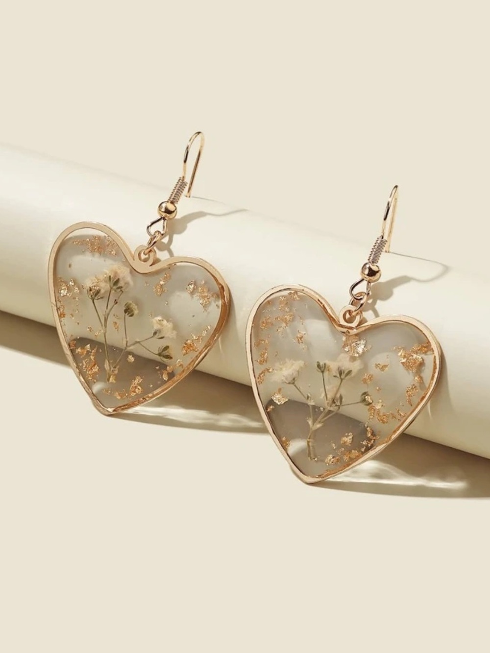 Gold-Edgedβ Heart shape Earrings with White Floral Inlay